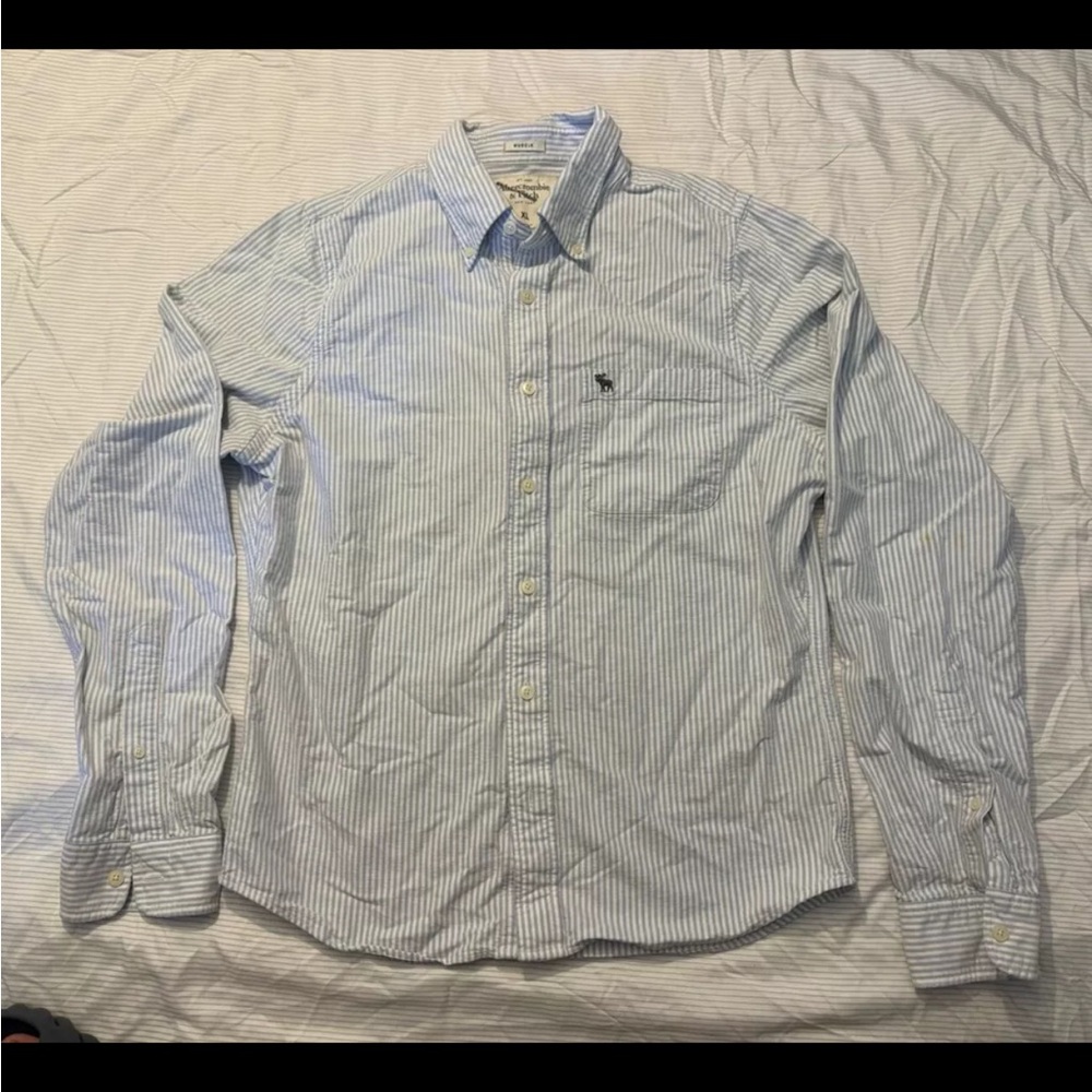 Abercrombie Fitch Button Up Muscle Shirt White Blue Striped Men’s XL See Photo